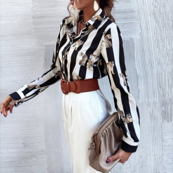 Striped & Tiger Print Button Up Blouse - Picture 3 of 7